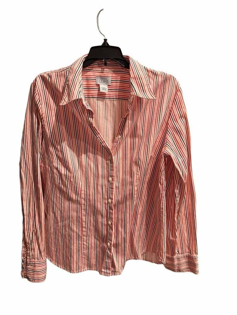 Ann Taylor Loft Striped Button Down Shirt Size 14 Red White Black Cotton